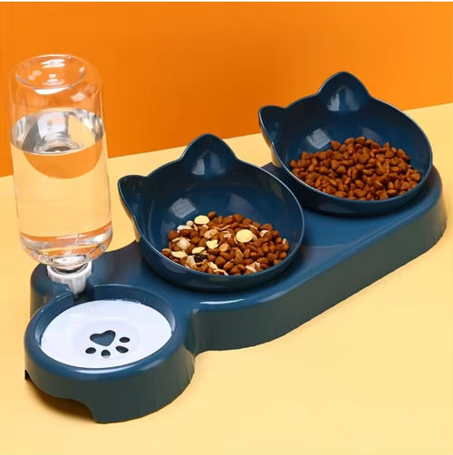 Gamelle triple chat avec distributeur eau automatique design patte de chat bleu marine